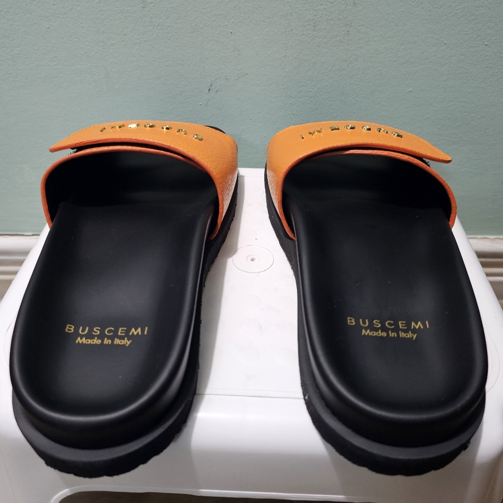 NIB BUSCEMI Scratch Pebbled Leather Orange Black Slides Sandals sz 37 - Picture 6 of 10